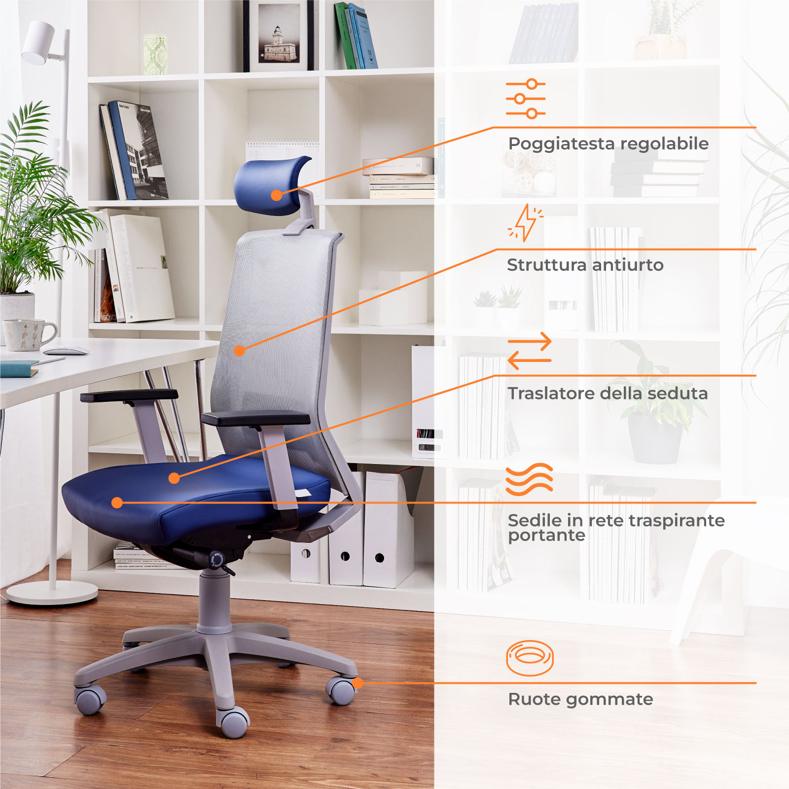 Sedia Ergonomica da Ufficio Tecna Blu 